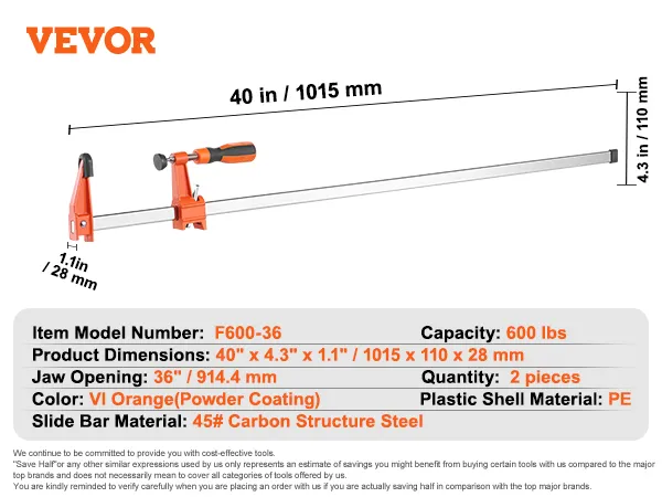VEVOR-stangklemmen, model f600-36, capaciteit 600 lbs, afmetingen 40" x 4,3" x 1,1", 2 stuks.