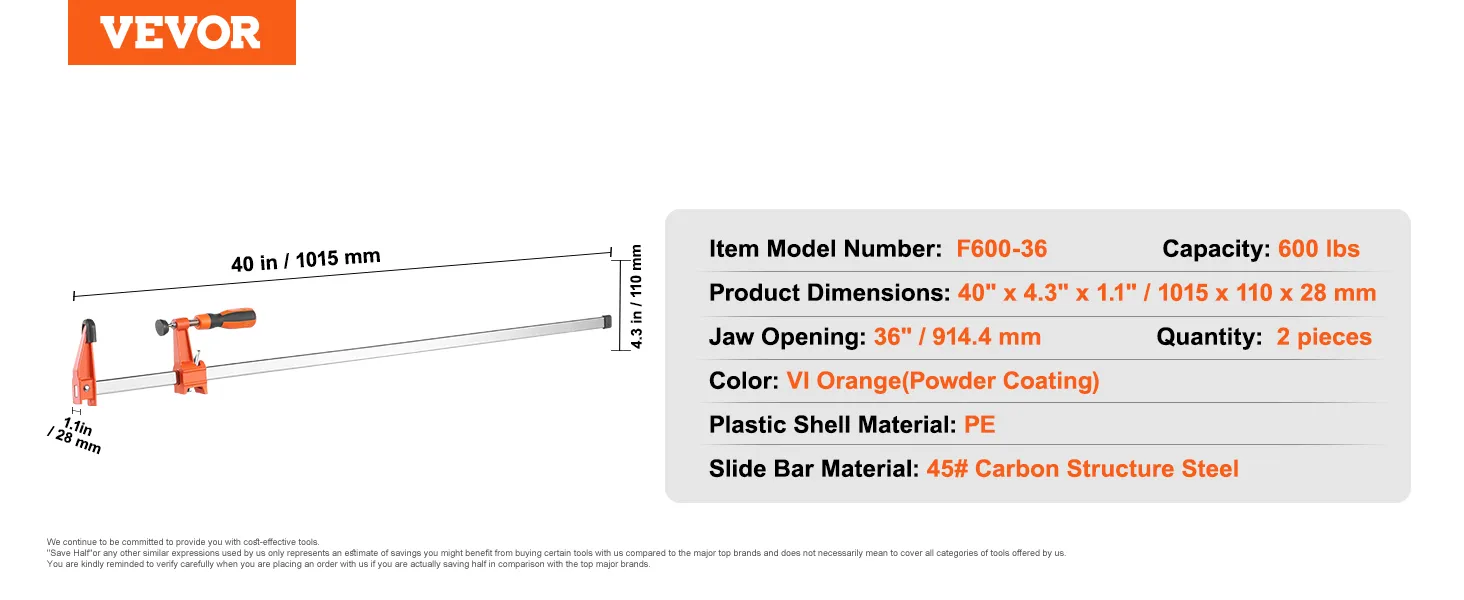 VEVOR-stangklemmen, model f600-36, capaciteit 600 lbs, afmetingen 40" x 4,3" x 1,1", 2 stuks.