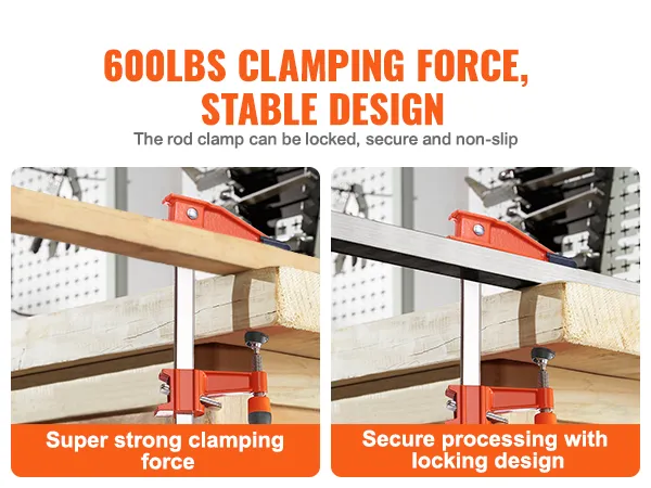 Klemkracht van 600 lbs met VEVOR-klemklemmen, veilig vergrendelingsontwerp voor hout- en staalprojecten.