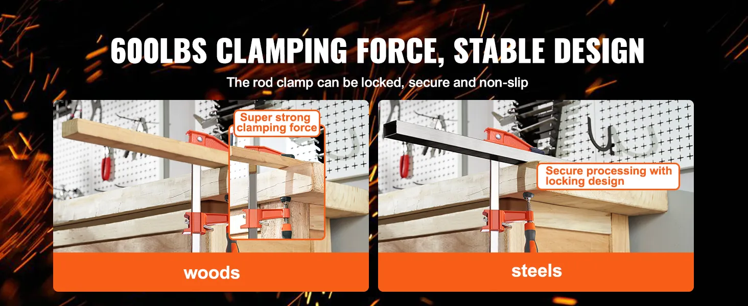 Klemkracht van 600 lbs met VEVOR-klemklemmen, veilig vergrendelingsontwerp voor hout- en staalprojecten.