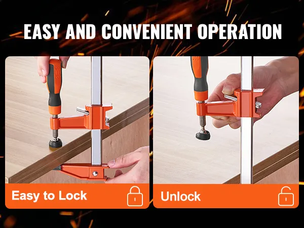 VEVOR-klembeugels laten een eenvoudige vergrendeling en ontgrendeling op houten oppervlakken zien.