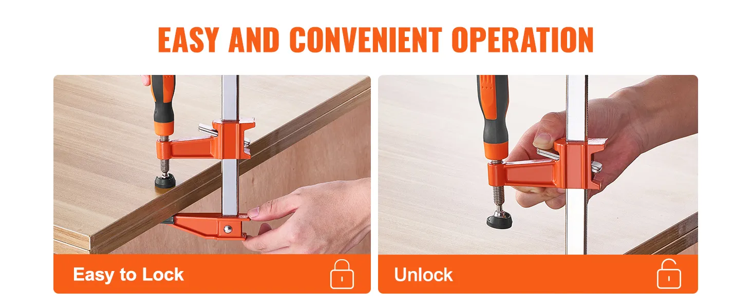 VEVOR-klembeugels laten een eenvoudige vergrendeling en ontgrendeling op houten oppervlakken zien.