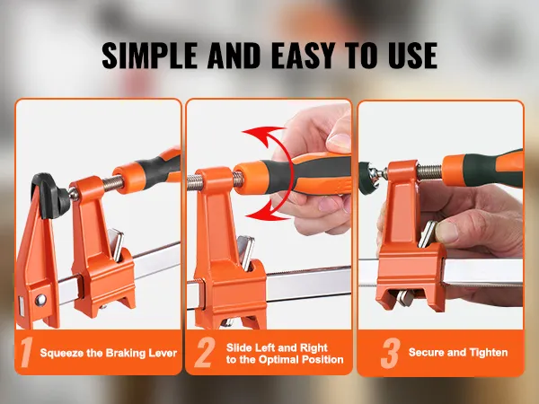 VEVOR-klembeugels: eenvoudig te gebruiken, met stappen om de hendel in te drukken, in de juiste positie te schuiven en vast te zetten.