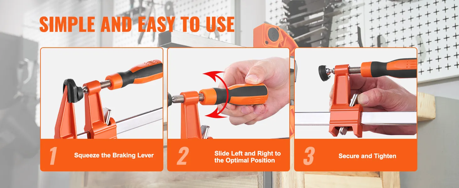 VEVOR-klembeugels: eenvoudig te gebruiken, met stappen om de hendel in te drukken, in de juiste positie te schuiven en vast te zetten.
