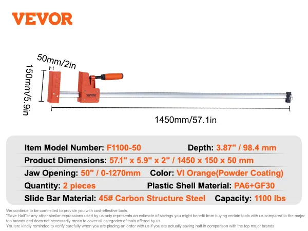 VEVOR woodworking clamps, model f1100-50, 1450mm length, jaw opening 1270mm, capacity 1100 lbs.