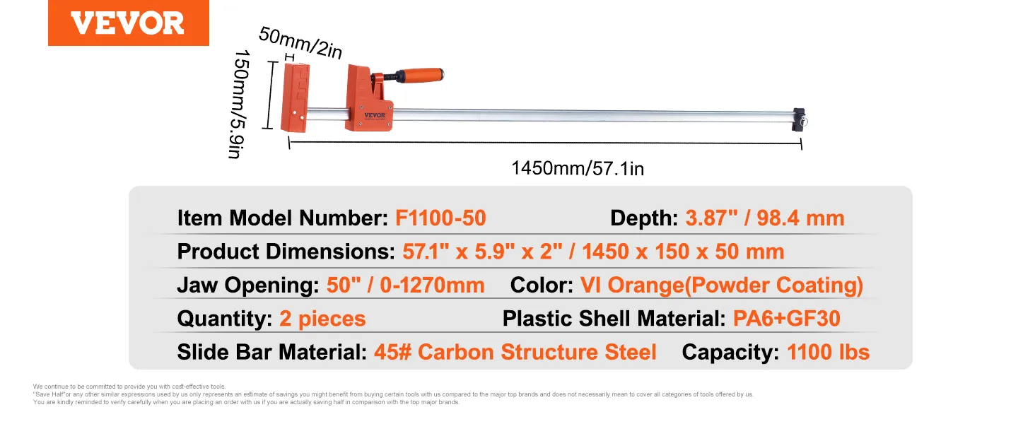 VEVOR woodworking clamps, model f1100-50, 1450mm length, jaw opening 1270mm, capacity 1100 lbs.