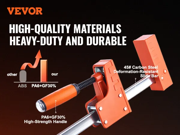 VEVOR woodworking clamps made with pa6+gf30% high-strength handles and 45# carbon steel slide bar.