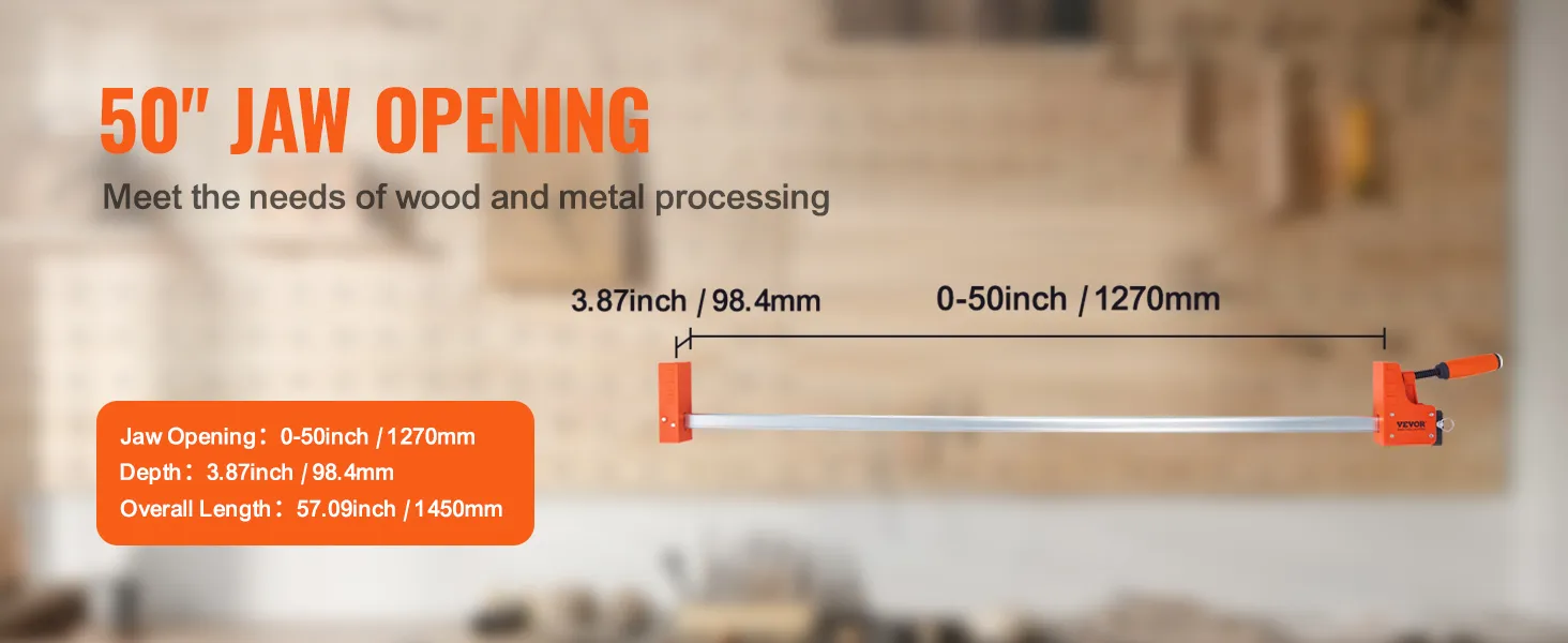 VEVOR woodworking clamps with 50" jaw opening for wood and metal processing, depth 3.87 inches.