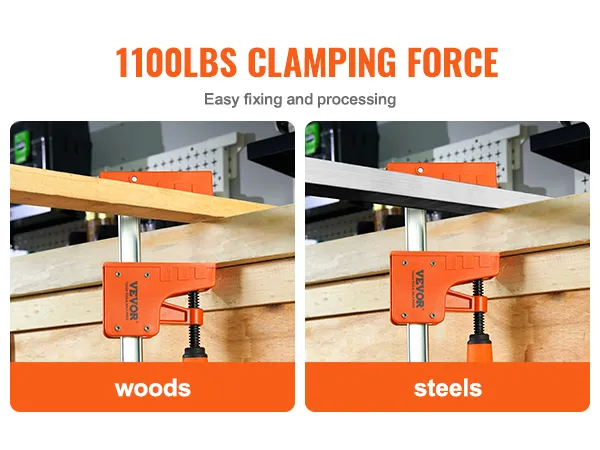 VEVOR woodworking clamps with 1100 lbs clamping force, securing wood and steel with tpu jaws.