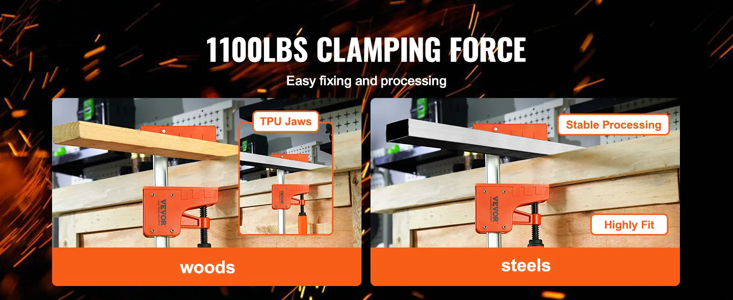 VEVOR woodworking clamps with 1100 lbs clamping force, securing wood and steel with tpu jaws.