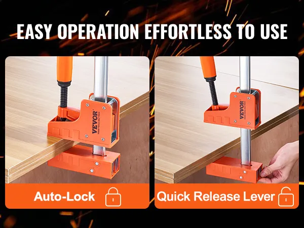 VEVOR woodworking clamps showcase auto-lock and quick release lever for easy operation on wooden surfaces.