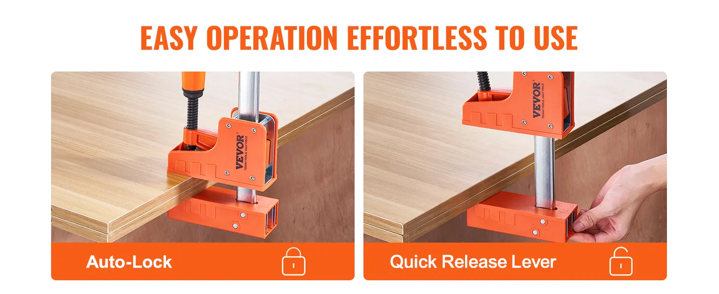 VEVOR woodworking clamps showcase auto-lock and quick release lever for easy operation on wooden surfaces.