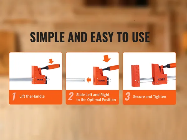 VEVOR woodworking clamps: simple and easy to use in 3 steps—lift handle, slide, secure and tighten.