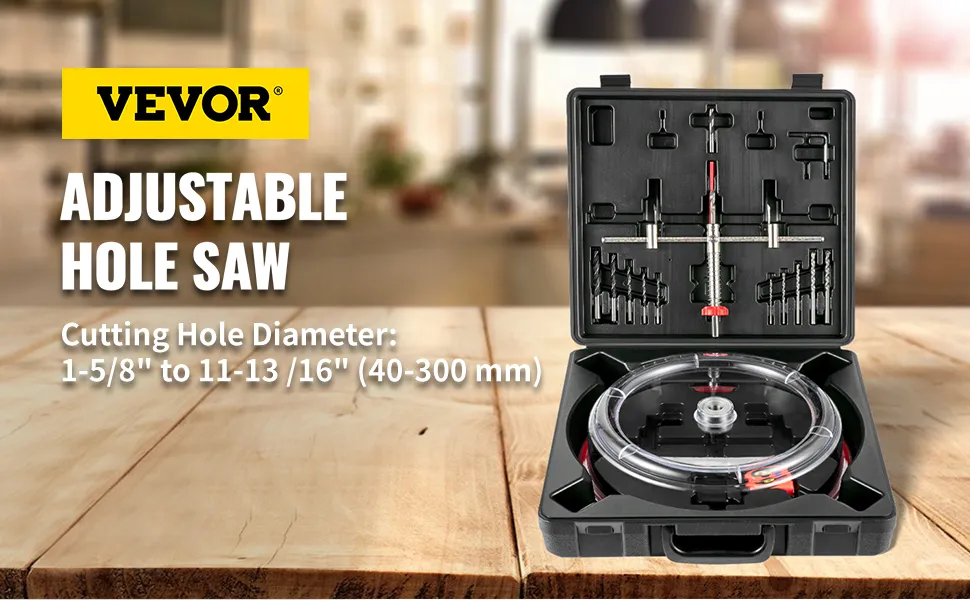 VEVOR hole saw cutter kit in black case on wooden table, adjustable for multiple hole sizes.