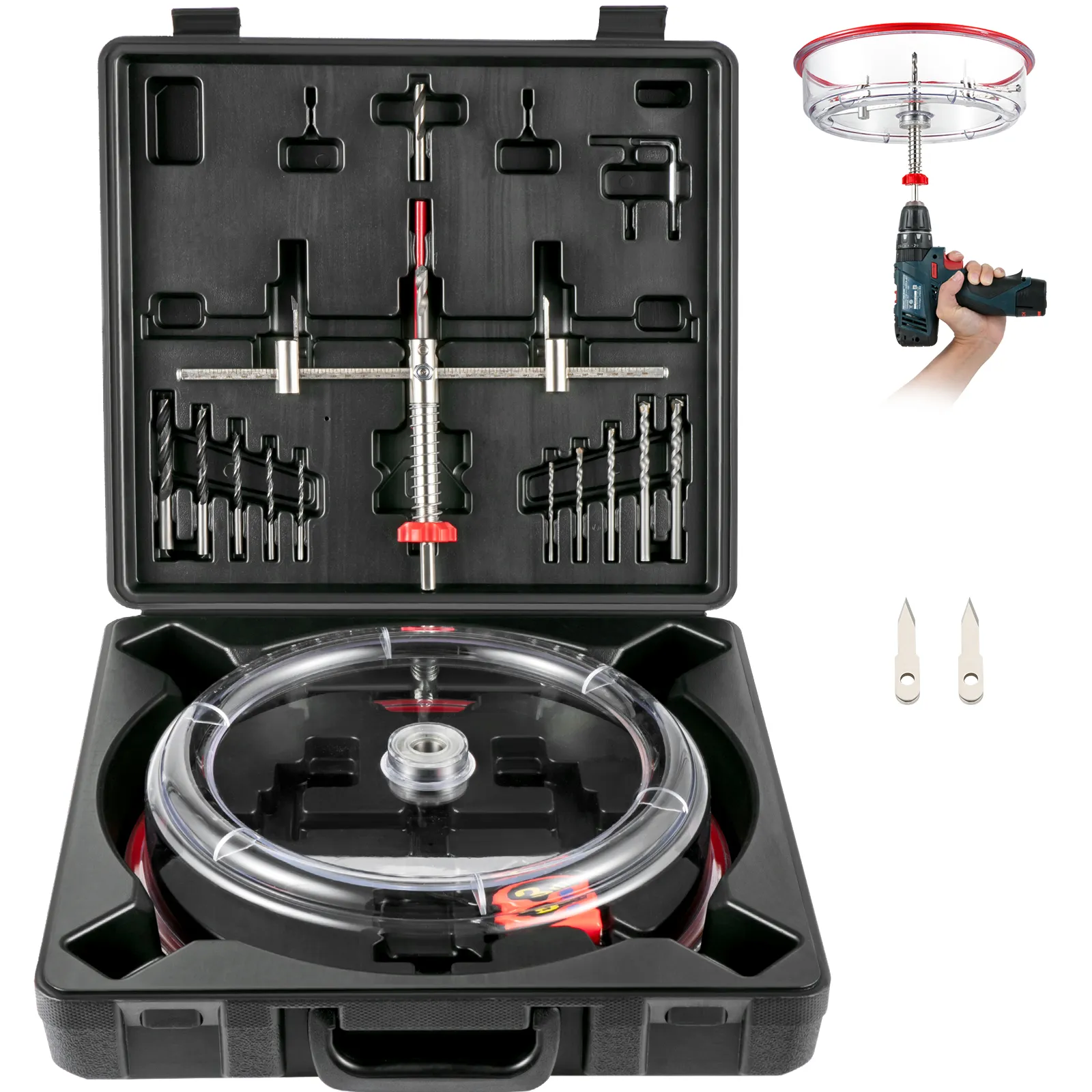 VEVOR hole saw cutter kit with multiple saw bits, set in a black carrying case, and drill attachment.