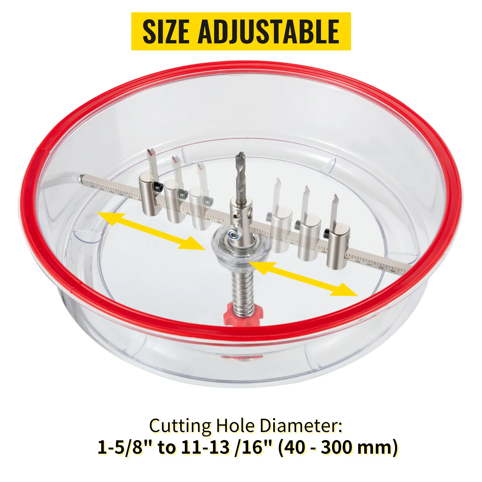 VEVOR hole saw cutter kit, size adjustable from 1-5/8" to 11-13/16" with clear dust cover.
