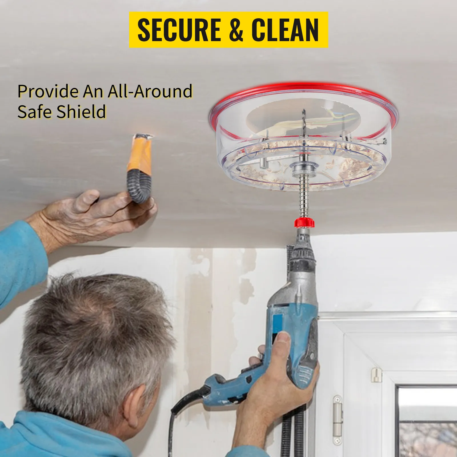 man using a VEVOR hole saw cutter kit on ceiling, shield in place to ensure secure and clean drilling.