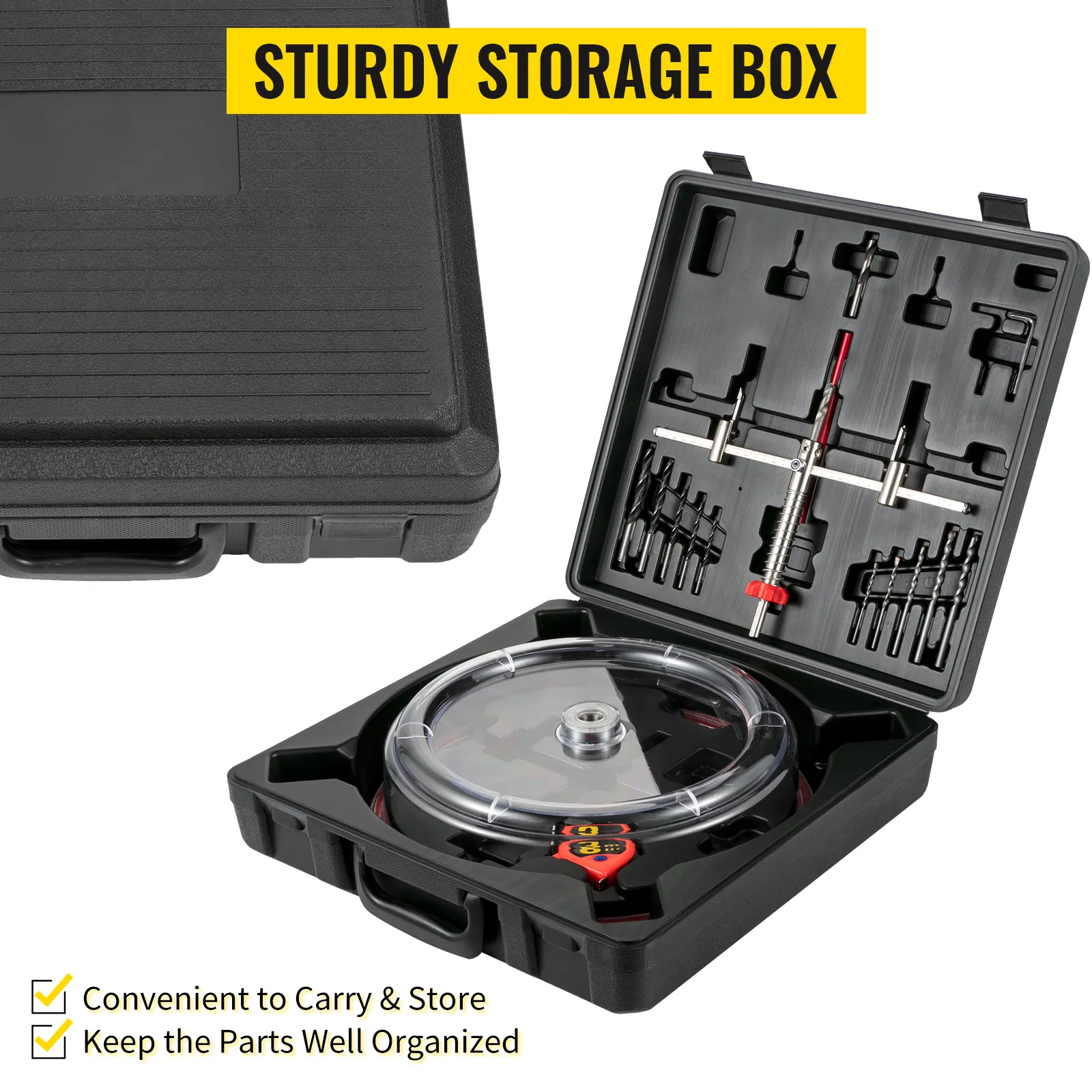 VEVOR hole saw cutter kit in a sturdy storage box, organized bits, and convenient handle.