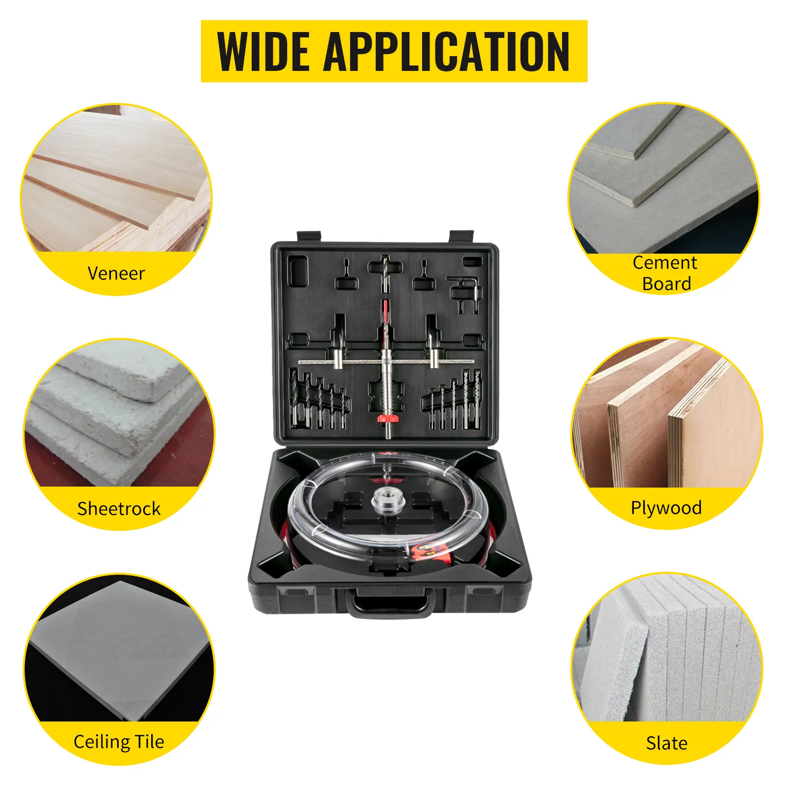 VEVOR hole saw cutter kit for veneer, sheetrock, ceiling tile, cement board, plywood, and slate.