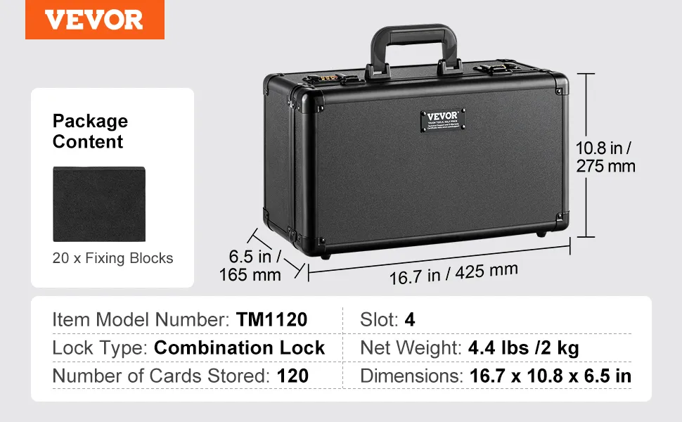 VEVOR graded card storage box with combination lock, holds 120 cards, dimensions: 16.7x10.8x6.5 inches.