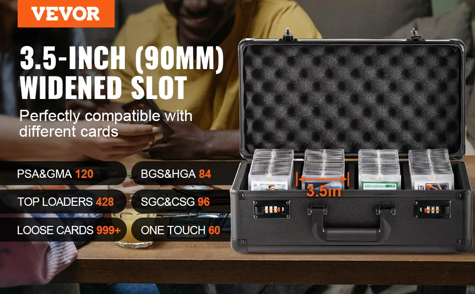 VEVOR graded card storage box with 3.5-inch widened slots, holds psa&gma, bgs&hga, and other card types.