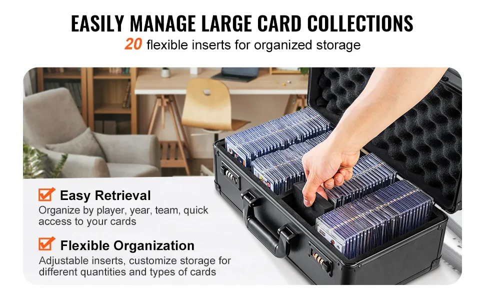 hand reaching into a VEVOR graded card storage box with 20 flexible inserts for organized storage.