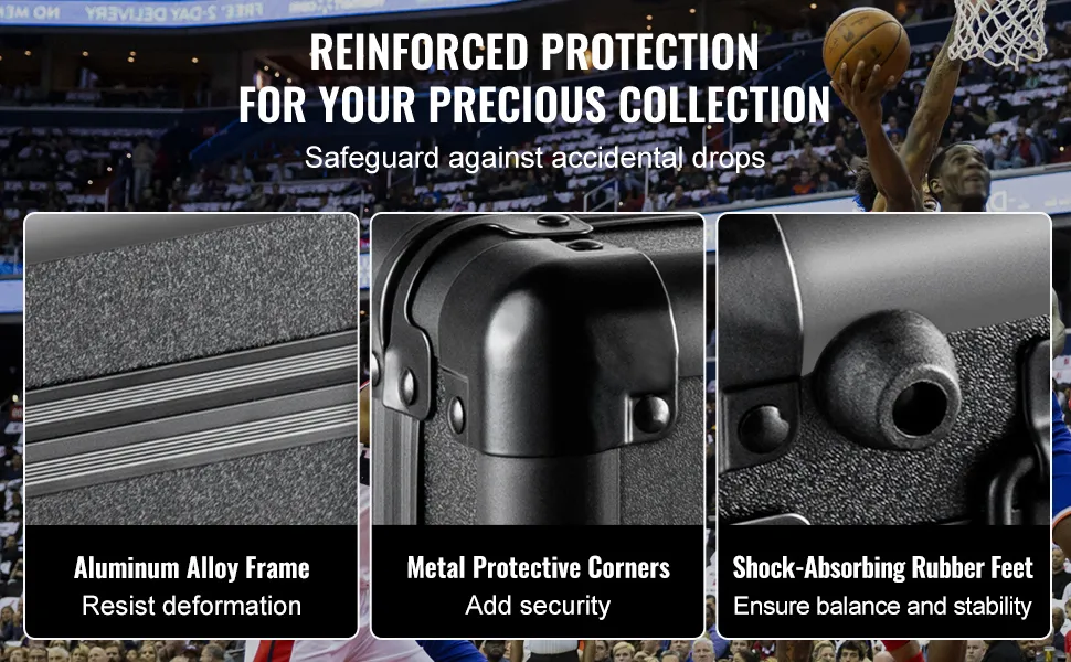 VEVOR graded card storage box features aluminum alloy frame, metal protective corners, and rubber feet.