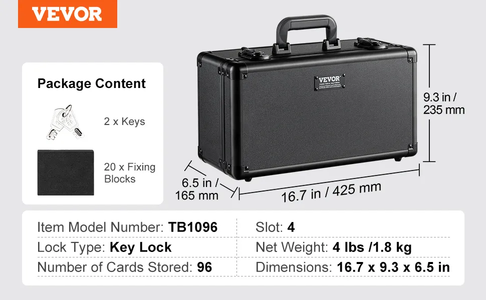 VEVOR-Kartenaufbewahrungsbox mit Schlüsselschloss, 4 Fächern, Maße 16,7 x 9,3 x 6,5 Zoll, bietet Platz für 96 Karten.