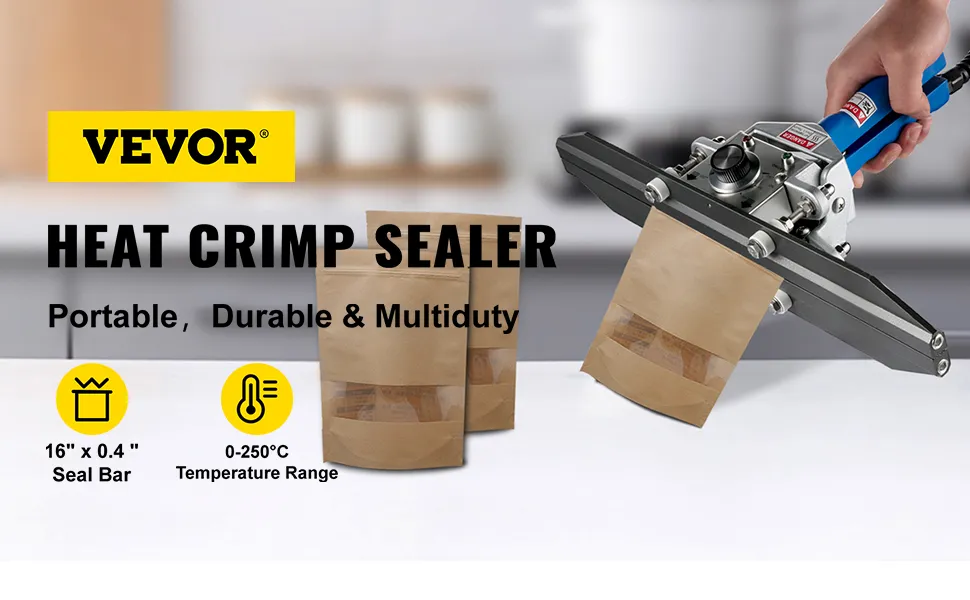 Sellador térmico VEVOR que sella una bolsa marrón sobre una mesa. Portátil y duradero.
