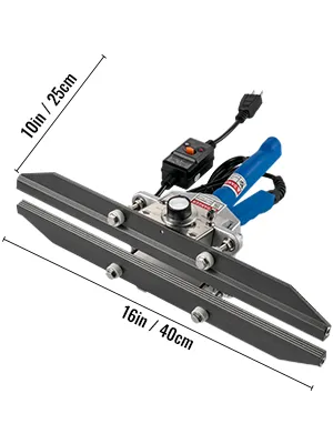 Sellador térmico VEVOR con mango azul y dimensiones detalladas de 10 pulgadas/25 cm y 16 pulgadas/40 cm.