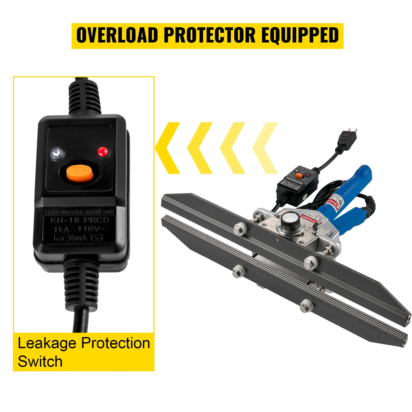 Sellador de crimpado térmico VEVOR con interruptor de protección contra fugas y protector de sobrecarga equipado.