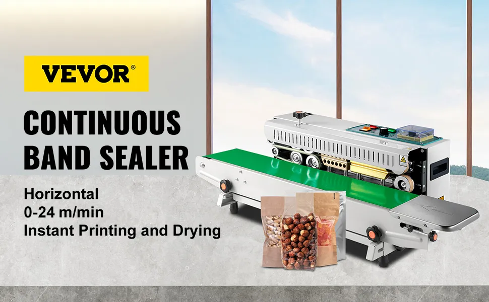 Selladora de banda VEVOR con cinta transportadora verde, bolsas selladas y panel de control en exhibición.