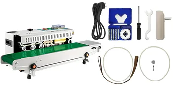 Sellador de banda VEVOR con accesorios que incluyen correas, cable de alimentación, herramientas y repuestos.