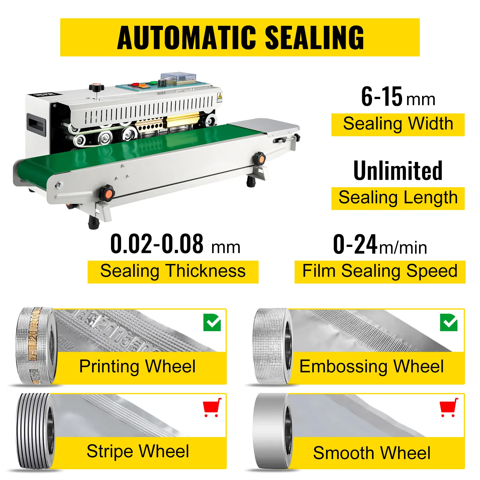 Selladora de banda VEVOR, ancho de 6-15 mm, espesor de 0,02-0,08 mm, velocidad de 0-24 m/min.