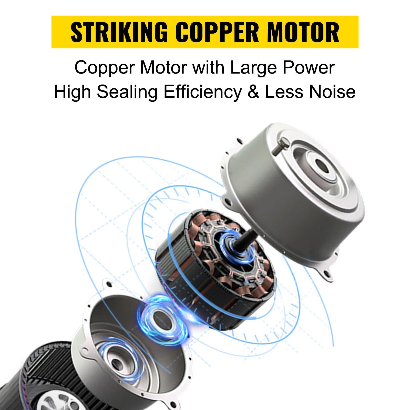 Vista ampliada de un potente motor de cobre para sellador de banda VEVOR, resaltando la eficiencia.