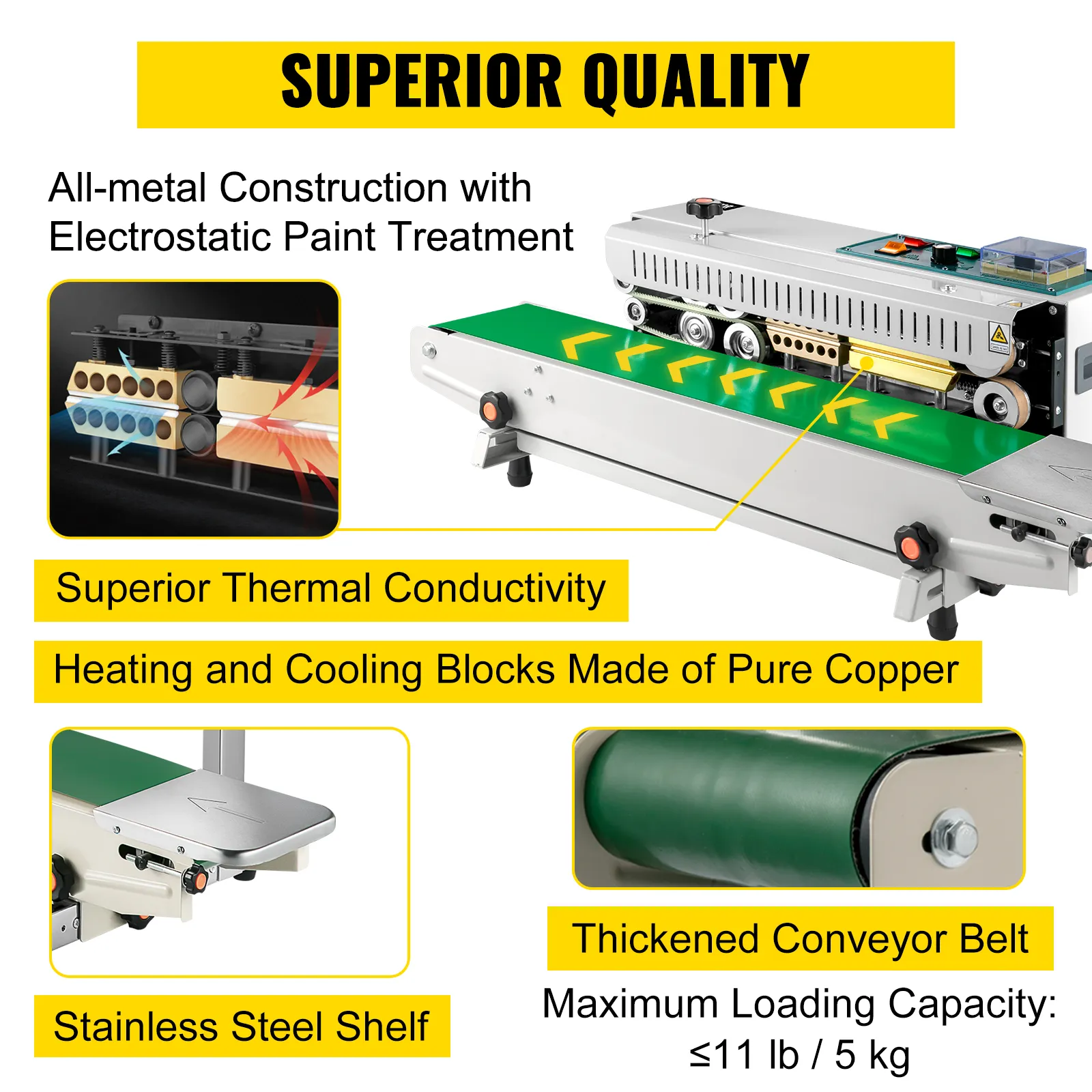 Selladora de banda VEVOR con construcción totalmente metálica, bloques de cobre puro y cinta transportadora engrosada.