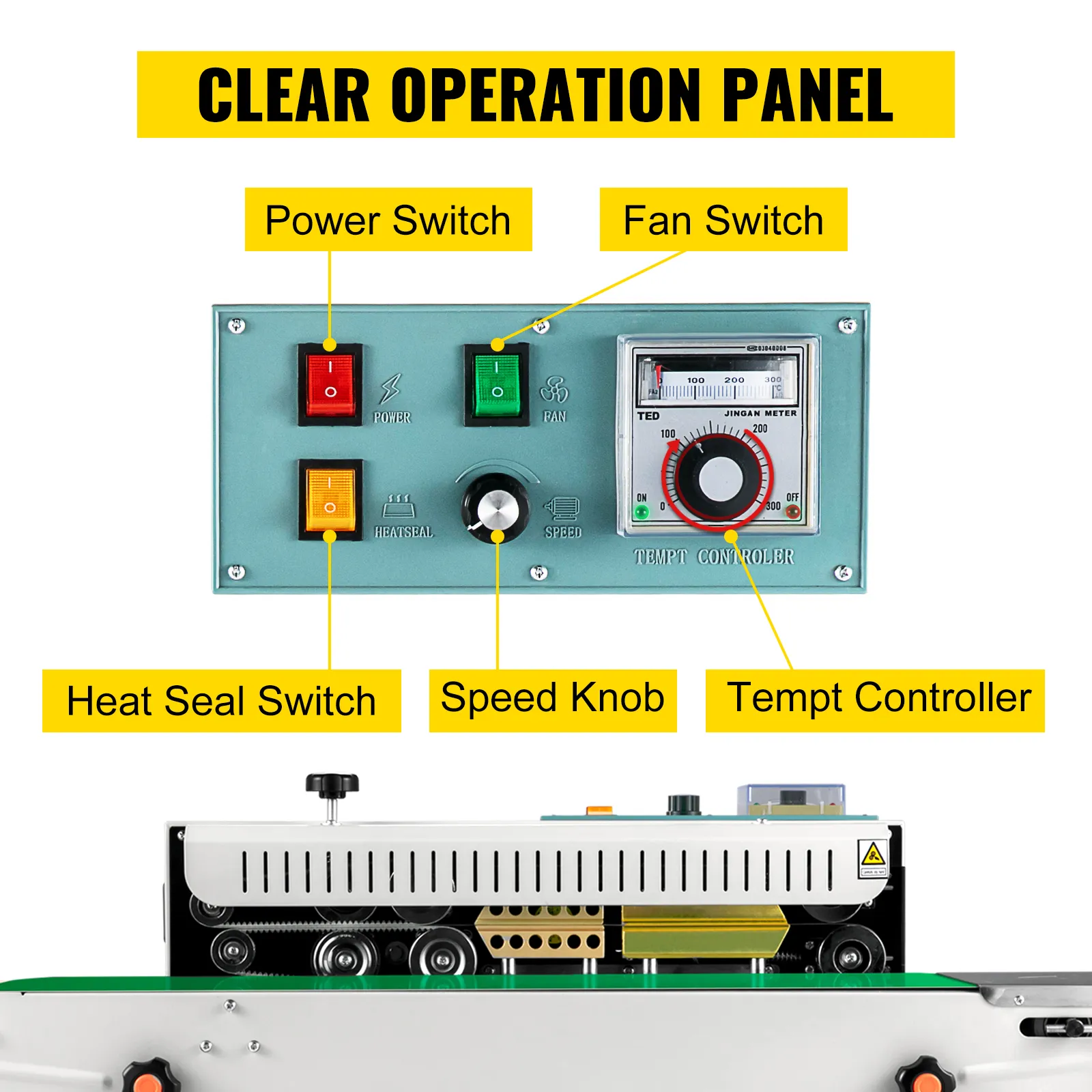 Sellador de banda VEVOR con panel de operación transparente, interruptor de encendido, interruptor de ventilador y controlador de temperatura.