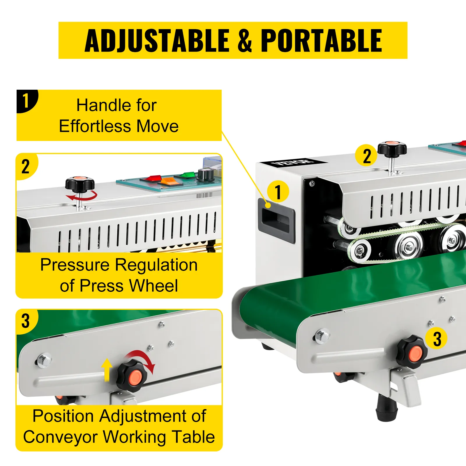Selladora de banda VEVOR con mango ajustable, regulación de presión y ajuste de transportador.