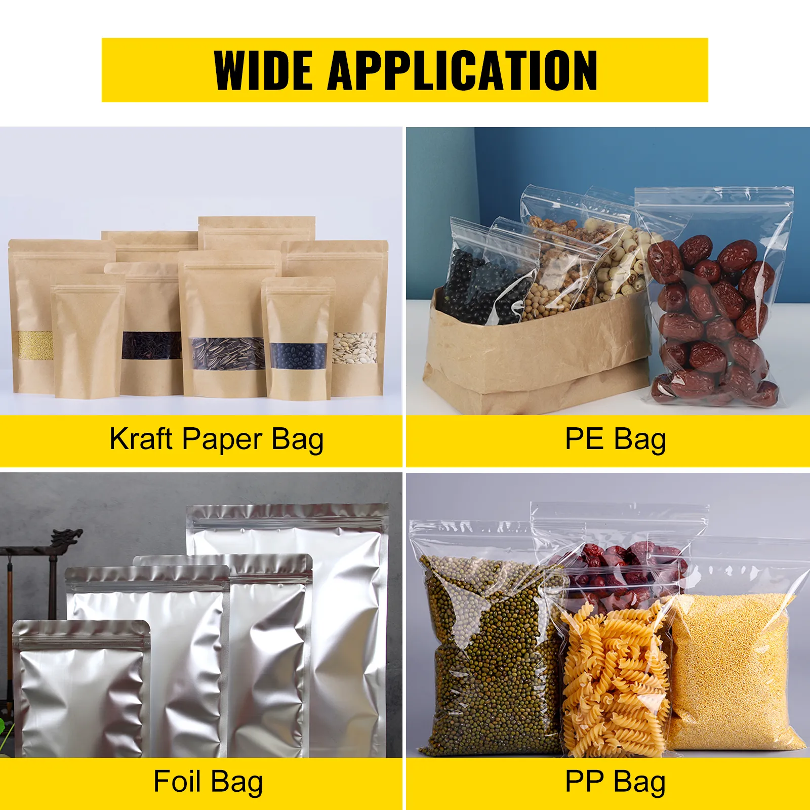 Amplia aplicación del sellador de banda VEVOR con bolsas de papel kraft, PE, papel de aluminio y PP.