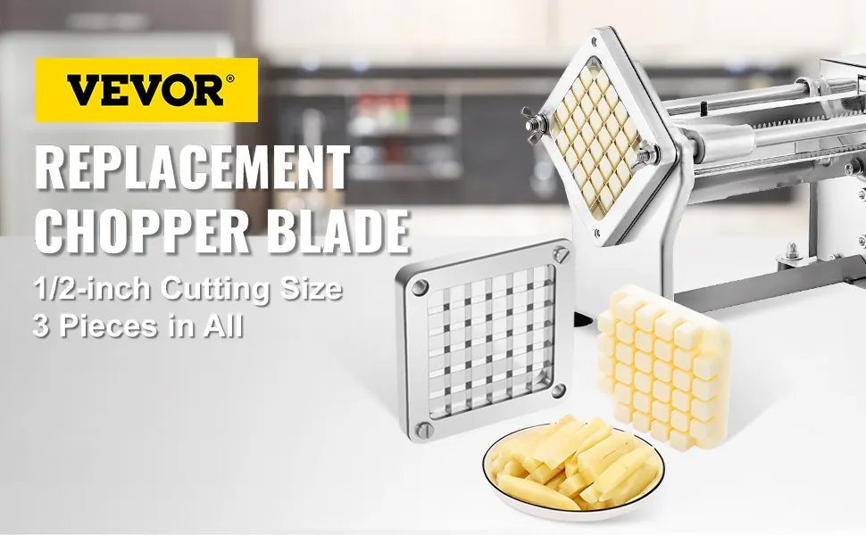 VEVOR replacement chopper blade in stainless steel, 1/2-inch cutting size, 3 pieces, with diced potatoes.