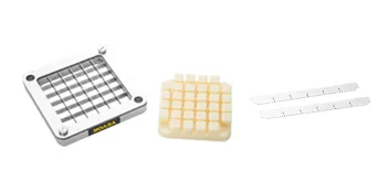 VEVOR replacement chopper blade with grid pattern alongside a cream grid insert and two spare blades.