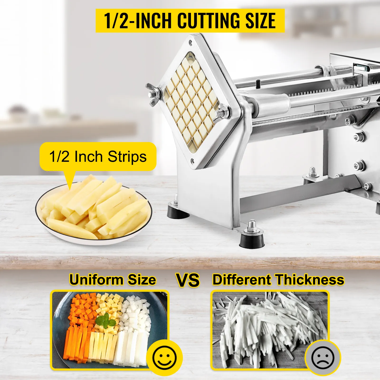 VEVOR replacement chopper blade cuts 1/2-inch strips for uniform vegetable slicing, contrasted with irregular cuts.