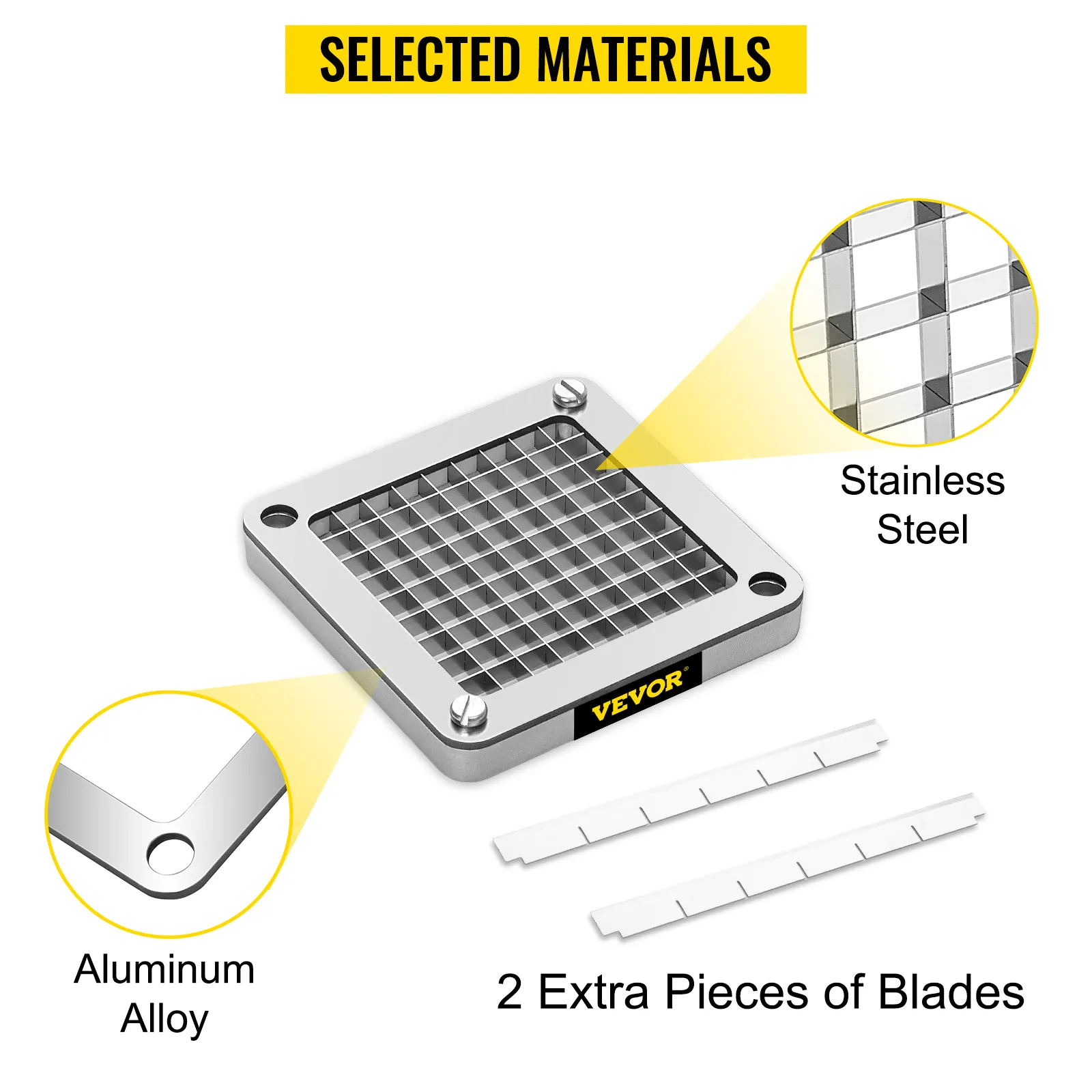 VEVOR replacement chopper blade with stainless steel grid, aluminum alloy frame, and two extra blades
