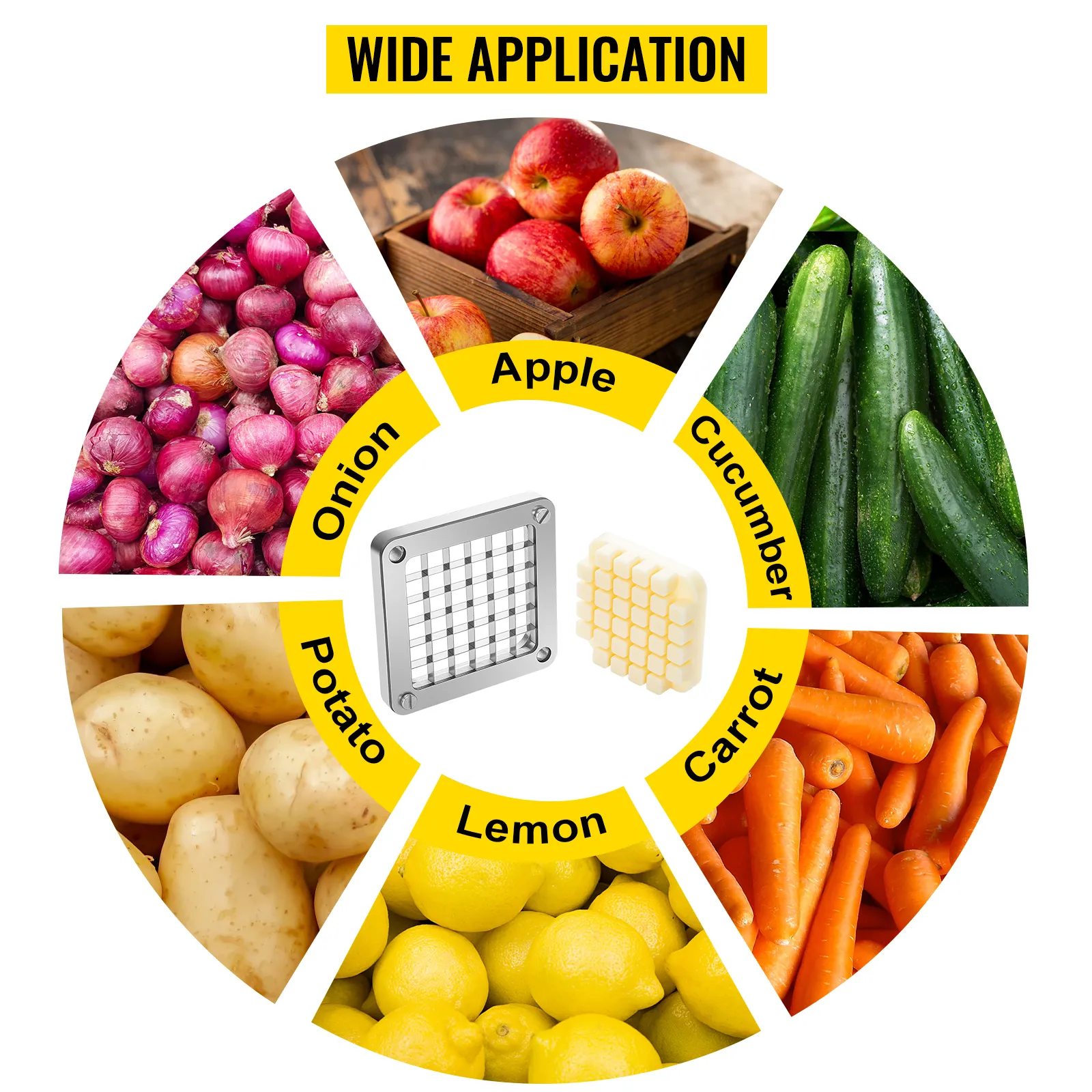 VEVOR replacement chopper blade with images of apples, cucumbers, carrots, lemons, potatoes, and onions.