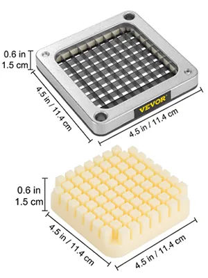 Zestaw ostrzy do frytek VEVOR o precyzyjnych wymiarach, wykonany z metalu i plastiku.