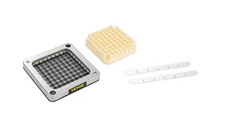 Zestaw ostrzy do frytek VEVOR z metalową siatką, plastikowym popychaczem i dwoma wymiennymi ostrzami.