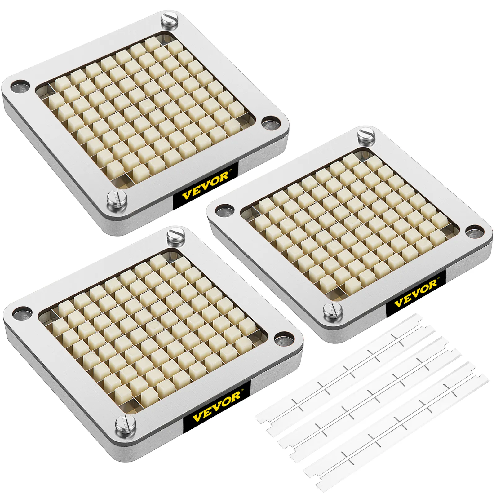 Zestaw ostrzy do frytek VEVOR z trzema ostrzami ze stali nierdzewnej i dodatkowymi częściami zamiennymi.