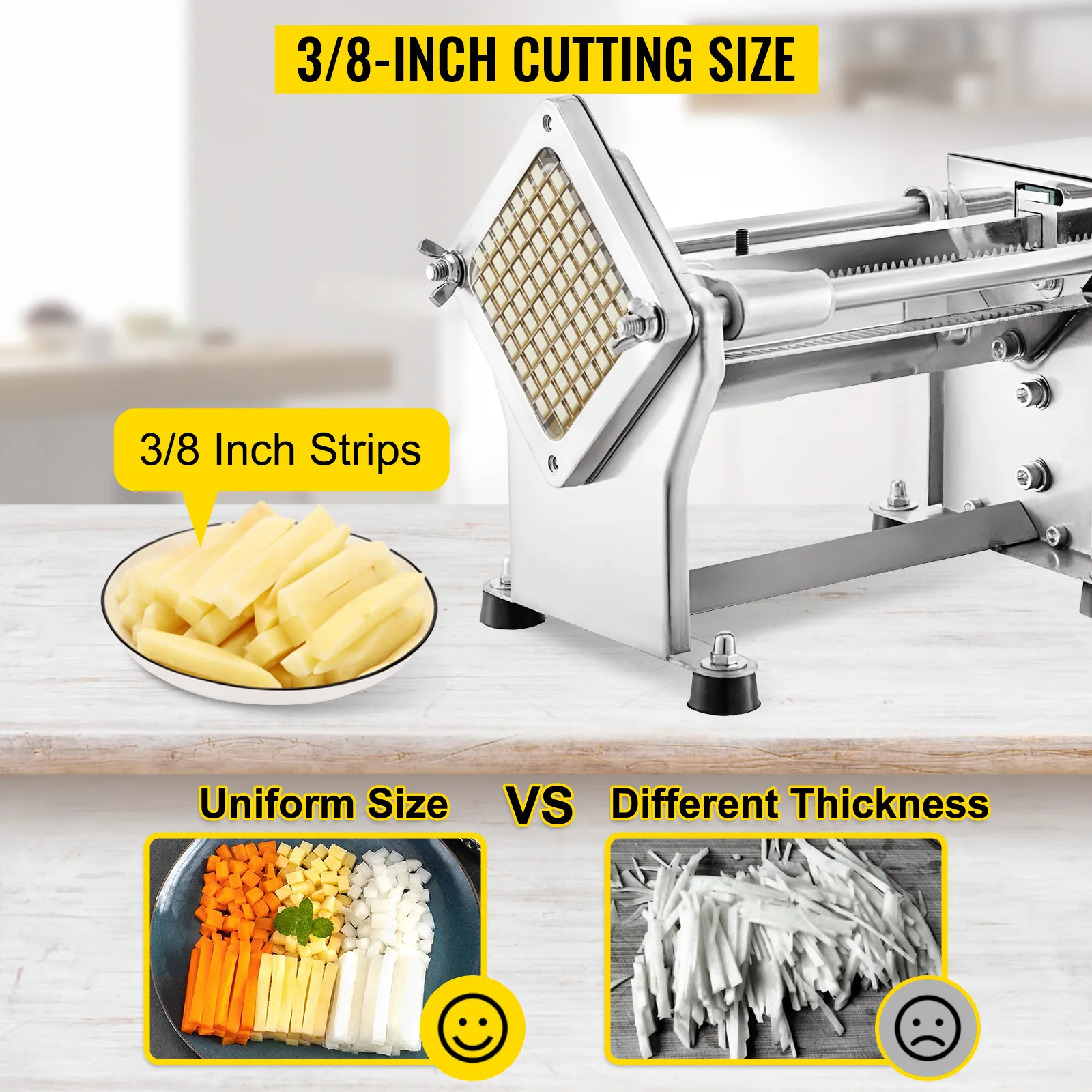Zespół ostrzy do frytek VEVOR tnie paski o grubości 3/8 cala, odróżniając je od siebie pod względem grubości.