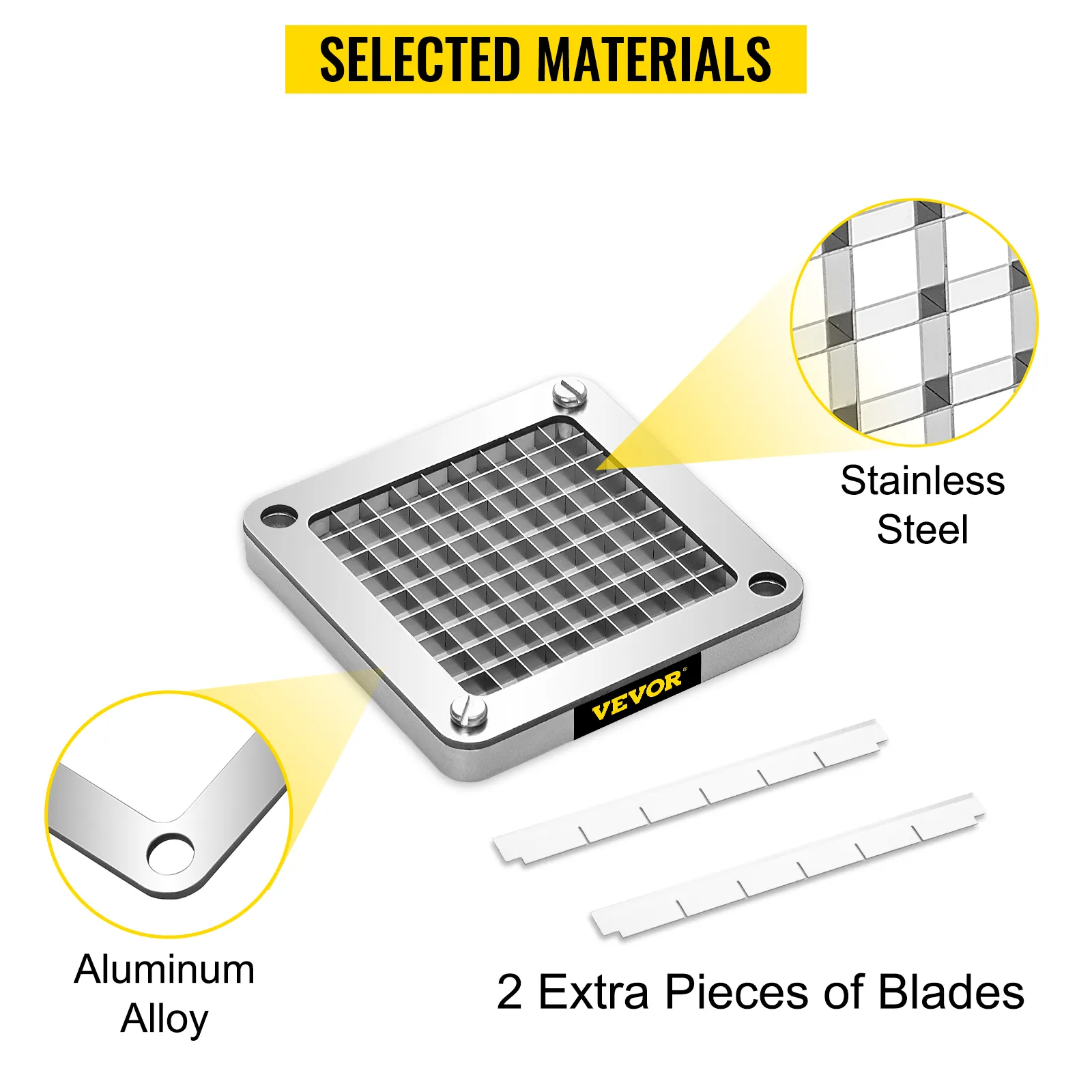 Zestaw ostrzy do frytek VEVOR z rusztem ze stali nierdzewnej i ramą ze stopu aluminium, zawiera 2 dodatkowe ostrza.