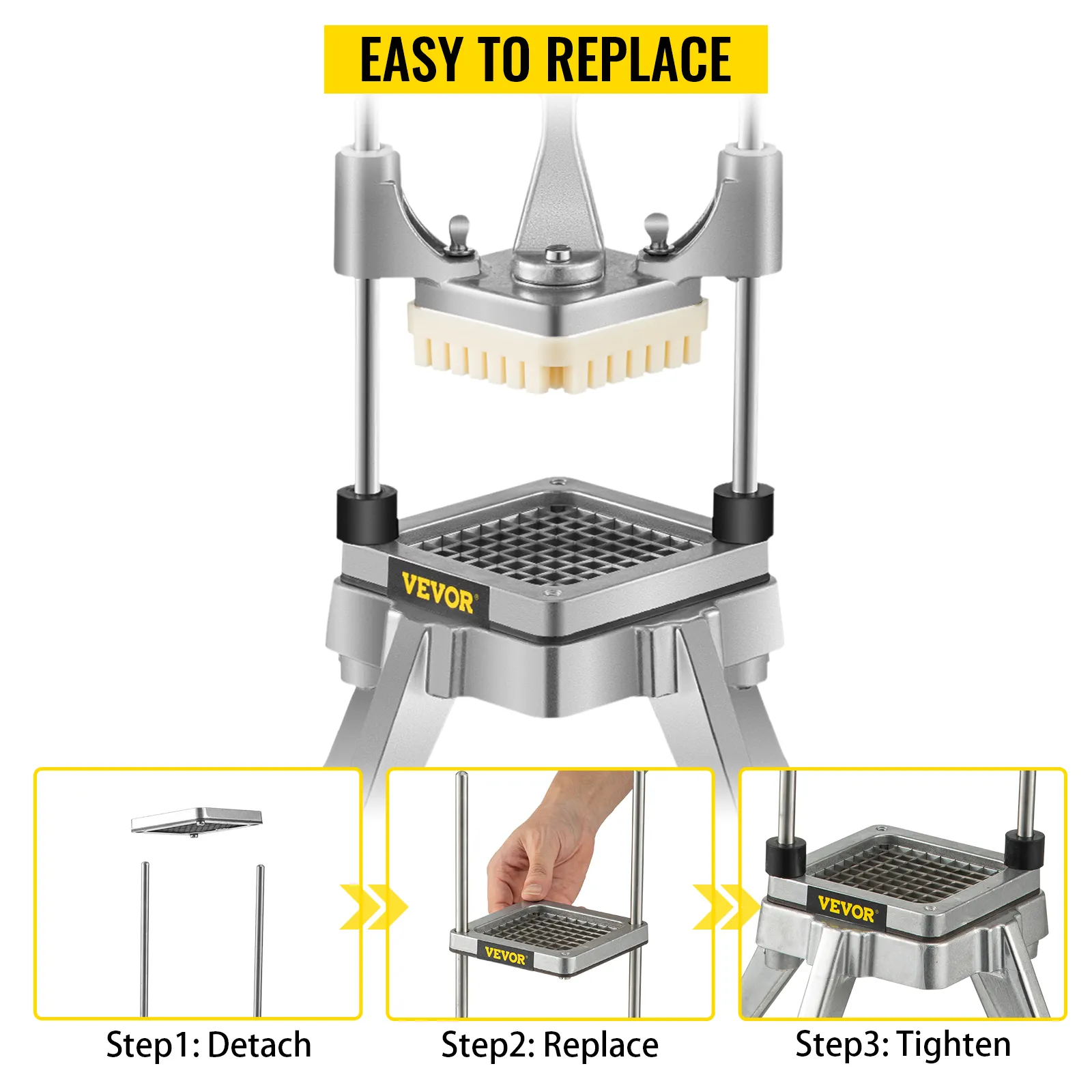 proste czynności związane z wymianą zespołu ostrzy do frytek VEVOR: odłączenie, wymiana, dokręcenie.